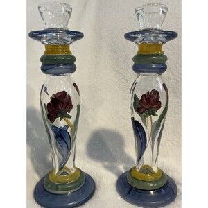 Lenox Hand Painted 10" Glass Candle Holders set of 2 ‘Poppies on blue’ 10 inch